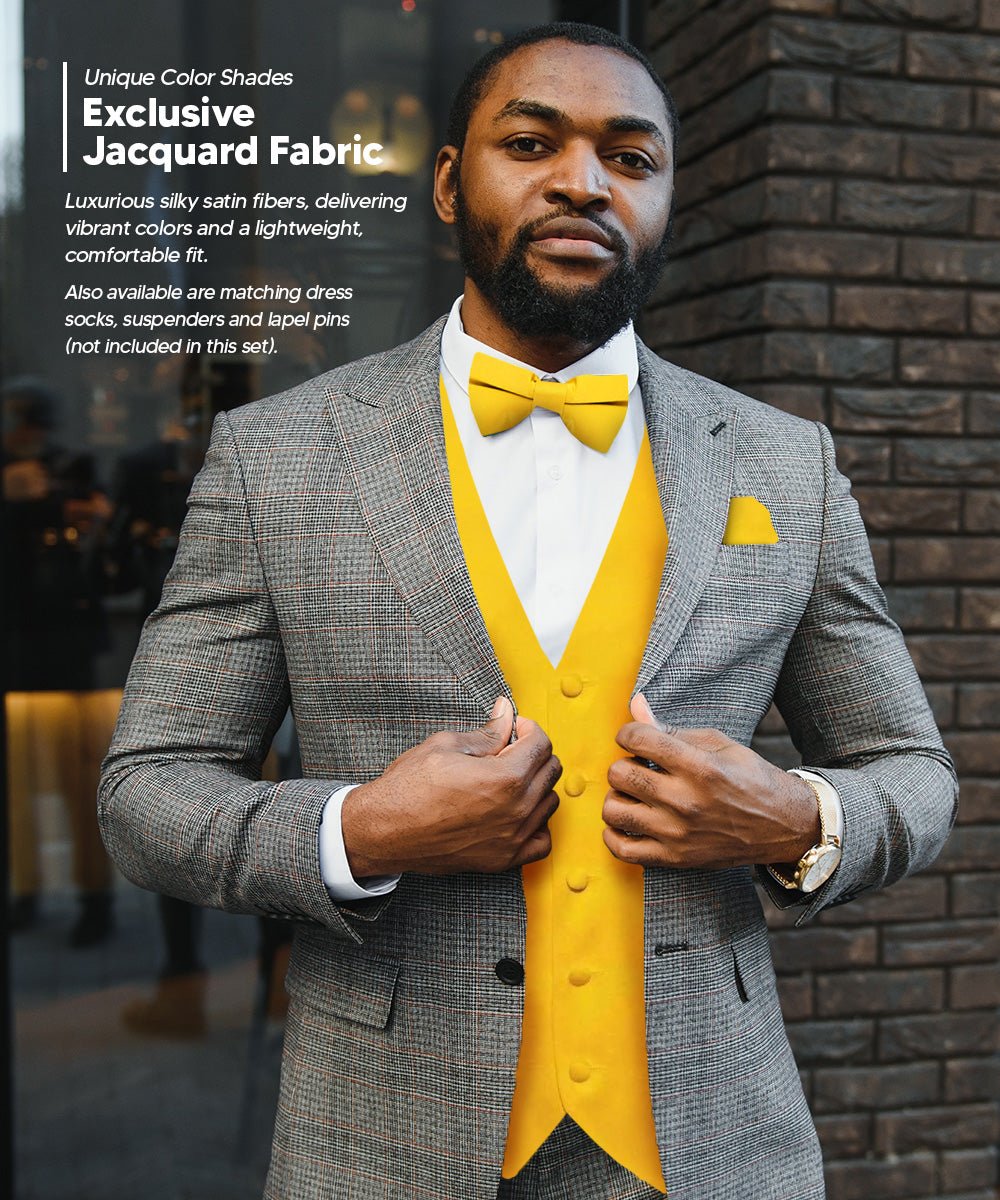 Vittorio Farina Men's Satin Vest, Necktie, Bow Tie and Pocket Square Set (White Back) - vest_plain_WB_yellow_XS - Classy Cufflinks
