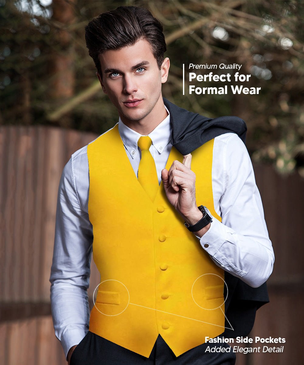 Vittorio Farina Men's Satin Vest, Necktie, Bow Tie and Pocket Square Set (White Back) - vest_plain_WB_yellow_XS - Classy Cufflinks