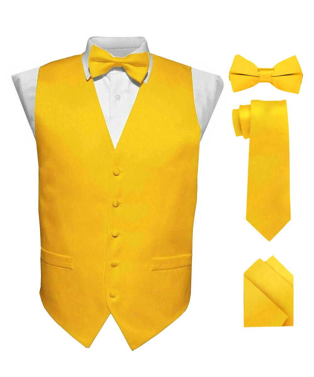 Vittorio Farina Men's Satin Vest, Necktie, Bow Tie and Pocket Square Set (White Back) - vest_plain_WB_yellow_XS - Classy Cufflinks