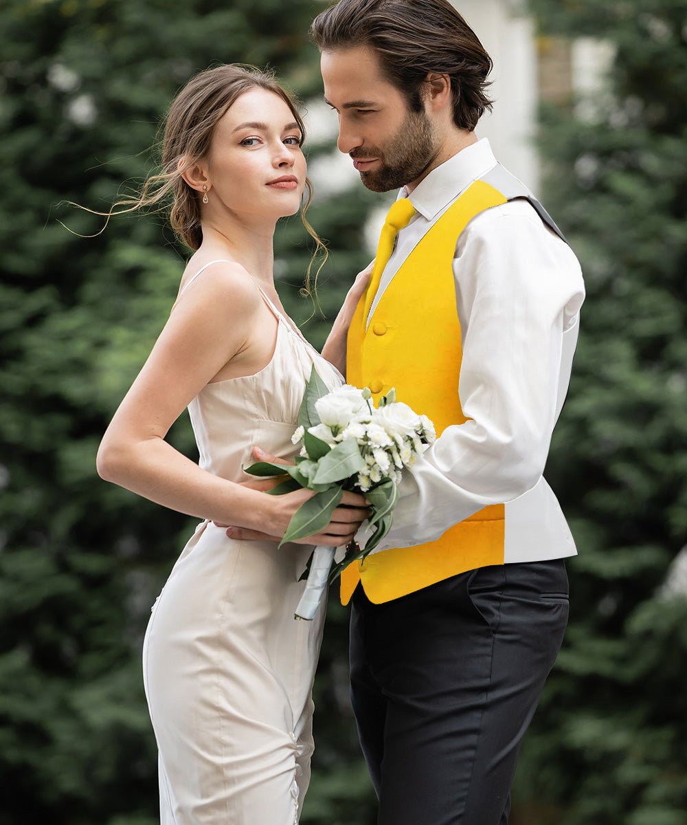 Vittorio Farina Men's Satin Vest, Necktie, Bow Tie and Pocket Square Set (White Back) - vest_plain_WB_yellow_XS - Classy Cufflinks
