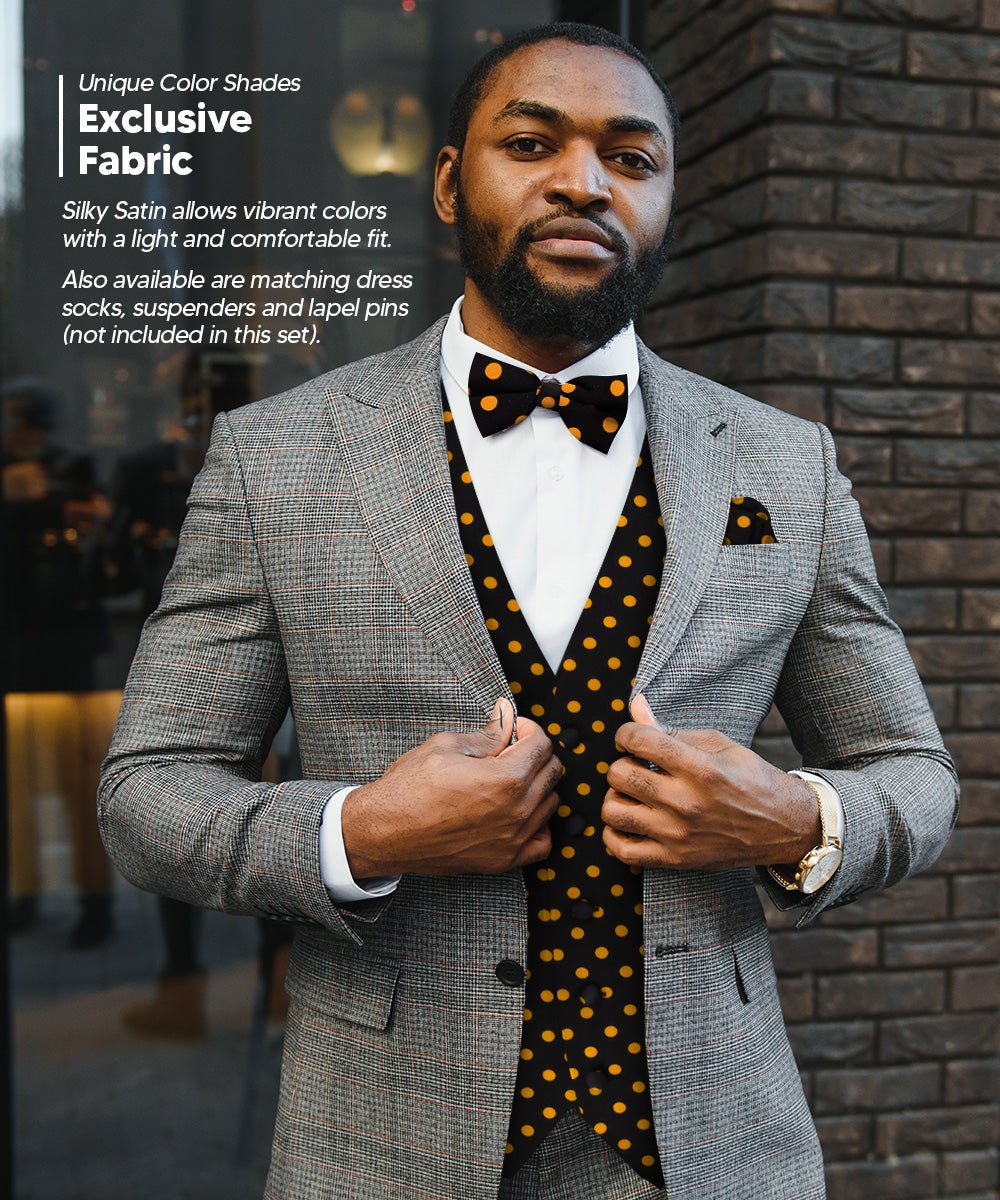 Vittorio Farina Men's White and Black Dot Polka Dot Vest, Necktie, Bow Tie and Pocket Square Set - vest_polkadot_BB_blackgold_S - Classy Cufflinks