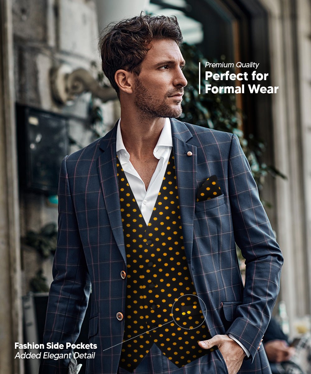 Vittorio Farina Men's White and Black Dot Polka Dot Vest, Necktie, Bow Tie and Pocket Square Set - vest_polkadot_BB_blackgold_S - Classy Cufflinks