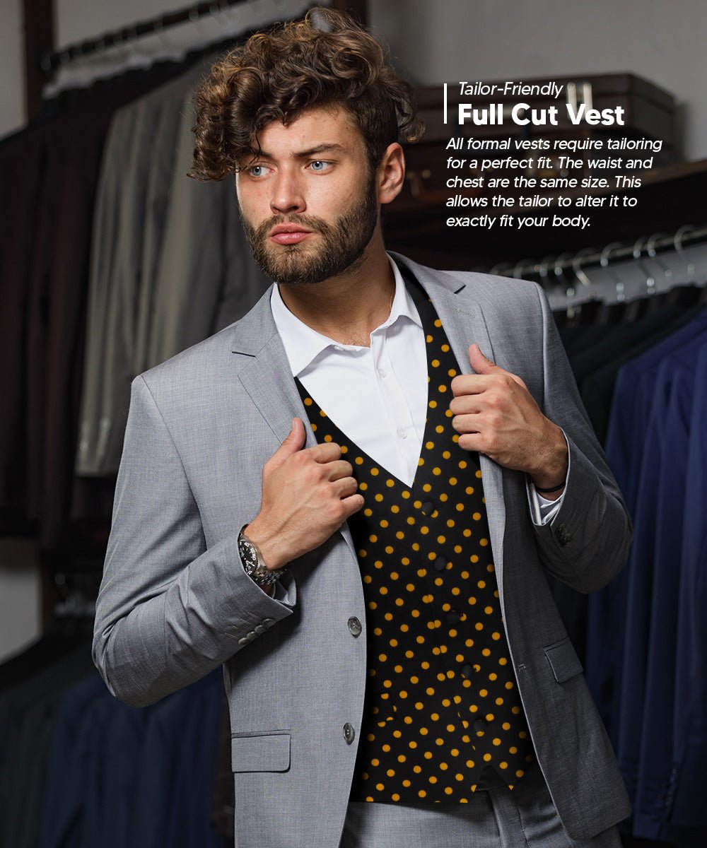 Vittorio Farina Men's White and Black Dot Polka Dot Vest, Necktie, Bow Tie and Pocket Square Set - vest_polkadot_BB_blackgold_S - Classy Cufflinks