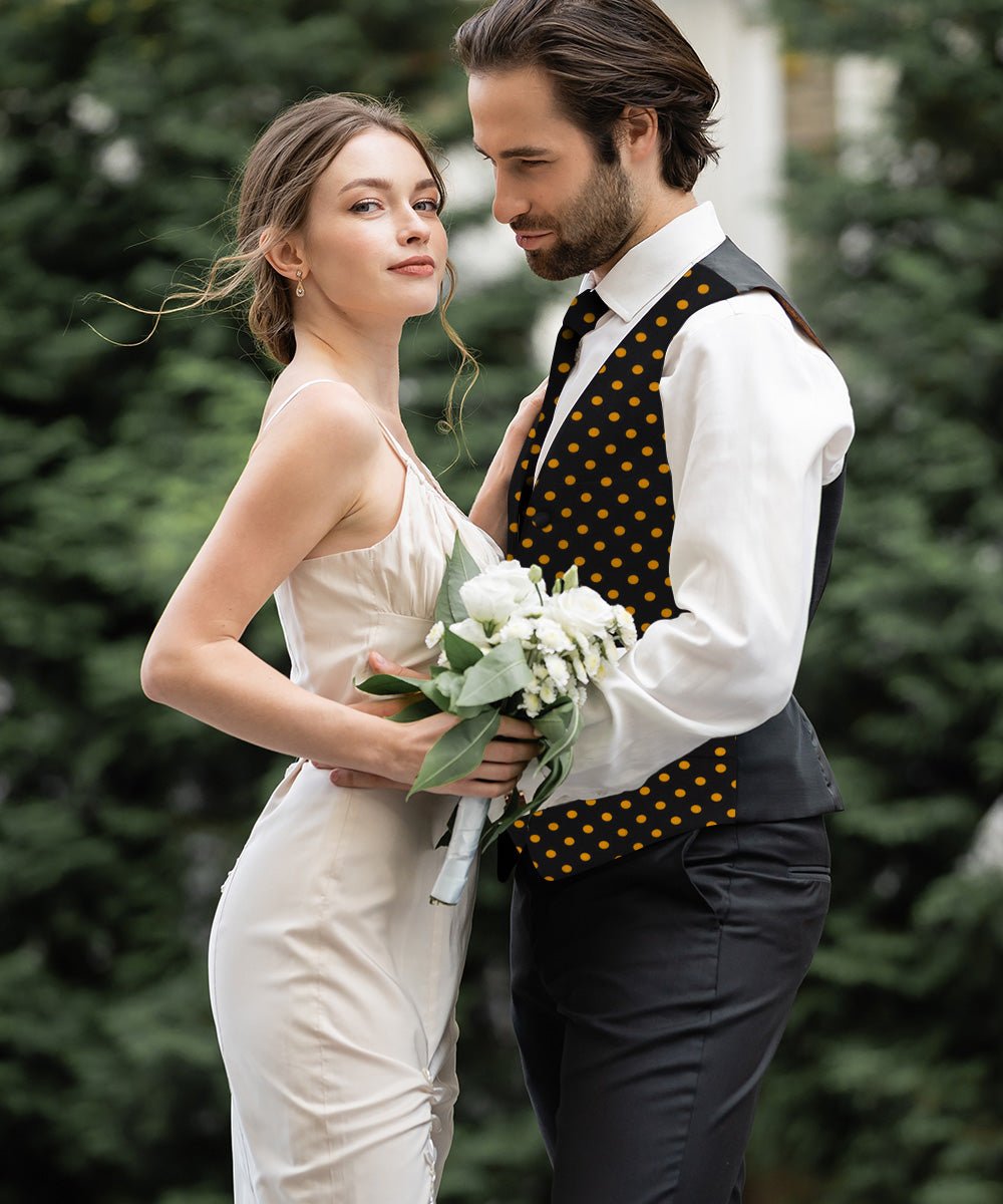 Vittorio Farina Men's White and Black Dot Polka Dot Vest, Necktie, Bow Tie and Pocket Square Set - vest_polkadot_BB_blackgold_S - Classy Cufflinks