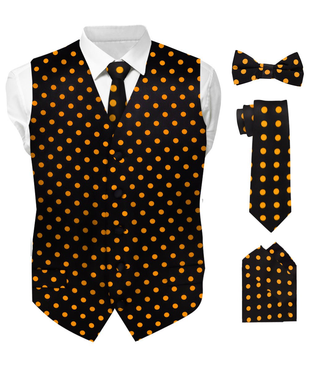 Vittorio Farina Men's White and Black Dot Polka Dot Vest, Necktie, Bow Tie and Pocket Square Set - vest_polkadot_BB_blackgold_S - Classy Cufflinks