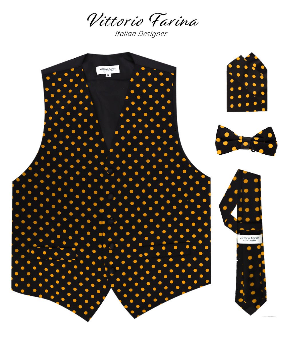 Vittorio Farina Men's White and Black Dot Polka Dot Vest, Necktie, Bow Tie and Pocket Square Set - vest_polkadot_BB_blackgold_S - Classy Cufflinks