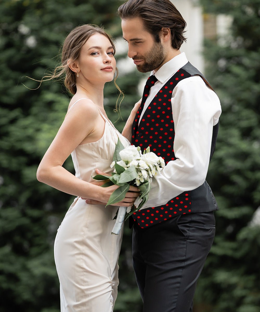 Vittorio Farina Men's White and Black Dot Polka Dot Vest, Necktie, Bow Tie and Pocket Square Set - vest_polkadot_BB_blackred_S - Classy Cufflinks