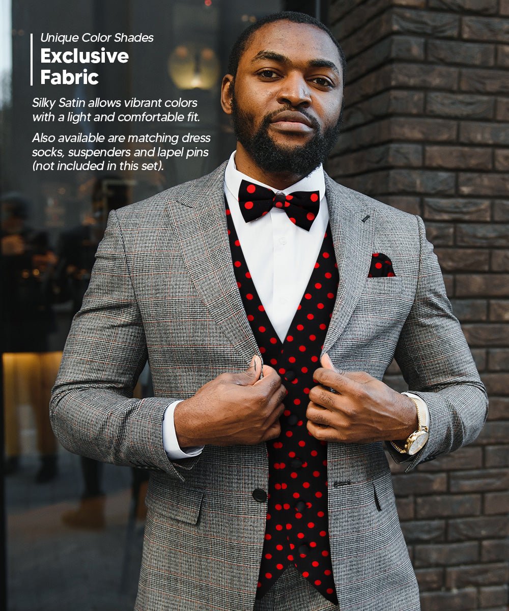 Vittorio Farina Men's White and Black Dot Polka Dot Vest, Necktie, Bow Tie and Pocket Square Set - vest_polkadot_BB_blackred_S - Classy Cufflinks
