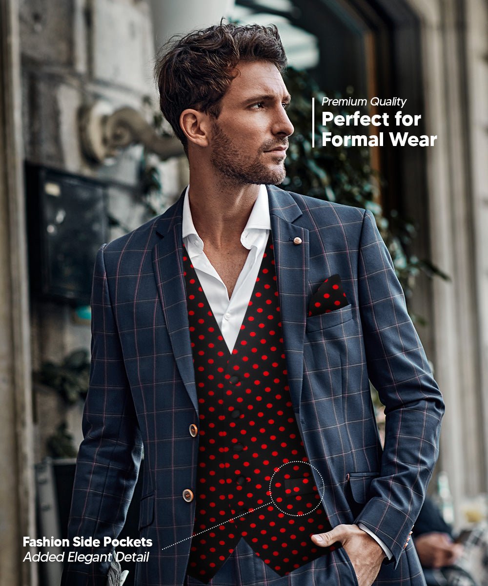 Vittorio Farina Men's White and Black Dot Polka Dot Vest, Necktie, Bow Tie and Pocket Square Set - vest_polkadot_BB_blackred_S - Classy Cufflinks