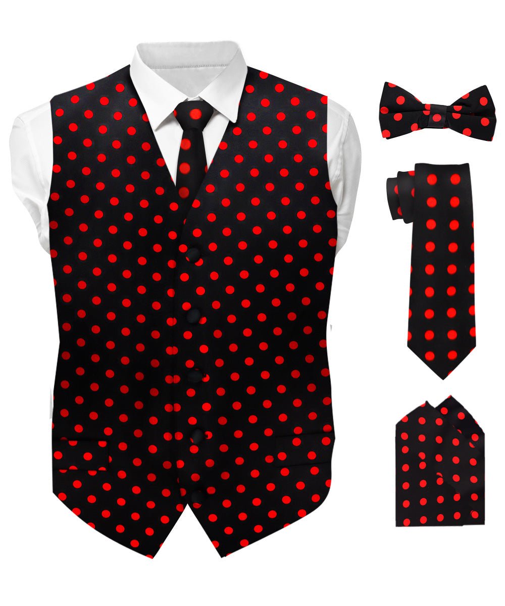 Vittorio Farina Men's White and Black Dot Polka Dot Vest, Necktie, Bow Tie and Pocket Square Set - vest_polkadot_BB_blackred_S - Classy Cufflinks