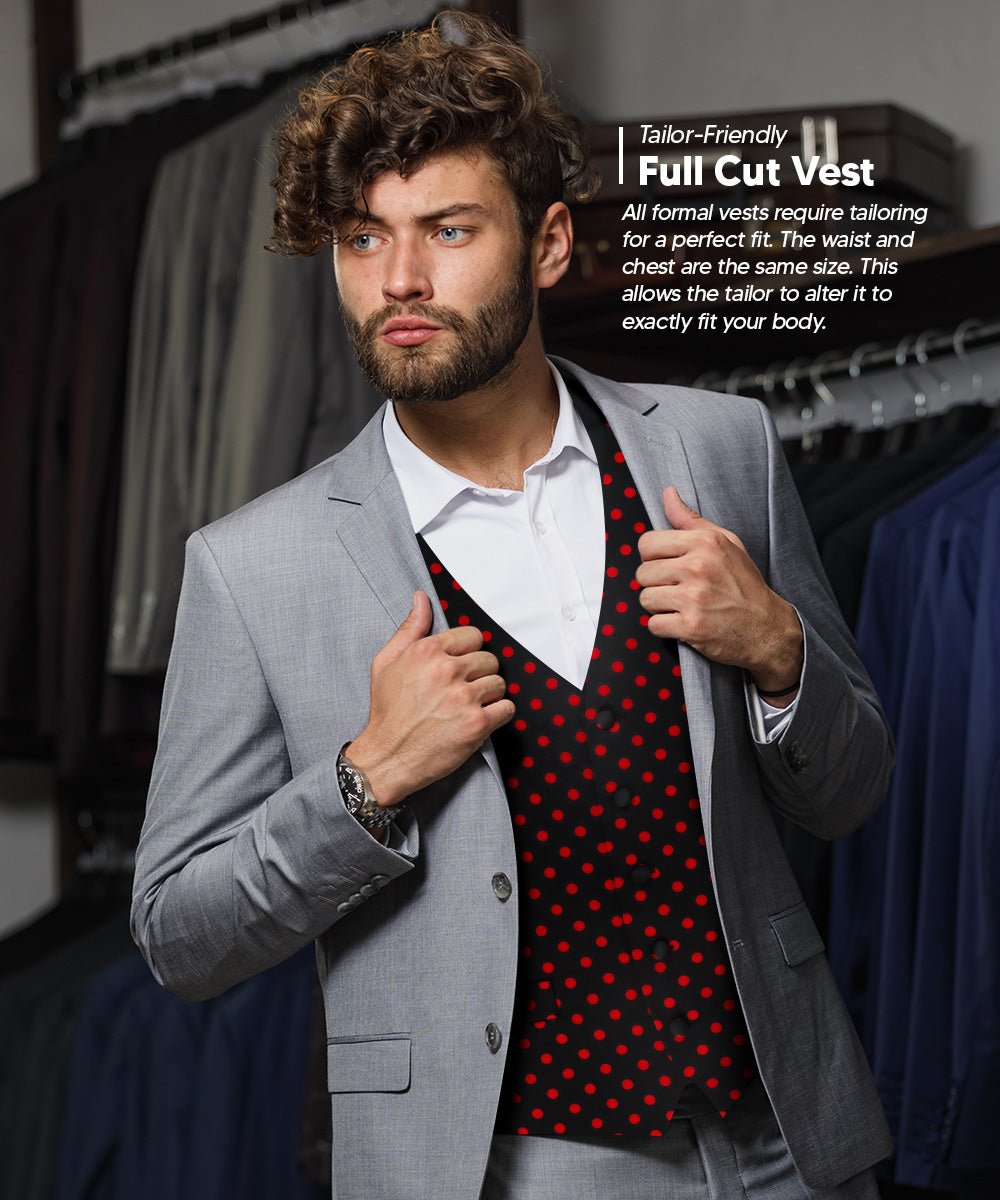 Vittorio Farina Men's White and Black Dot Polka Dot Vest, Necktie, Bow Tie and Pocket Square Set - vest_polkadot_BB_blackred_S - Classy Cufflinks