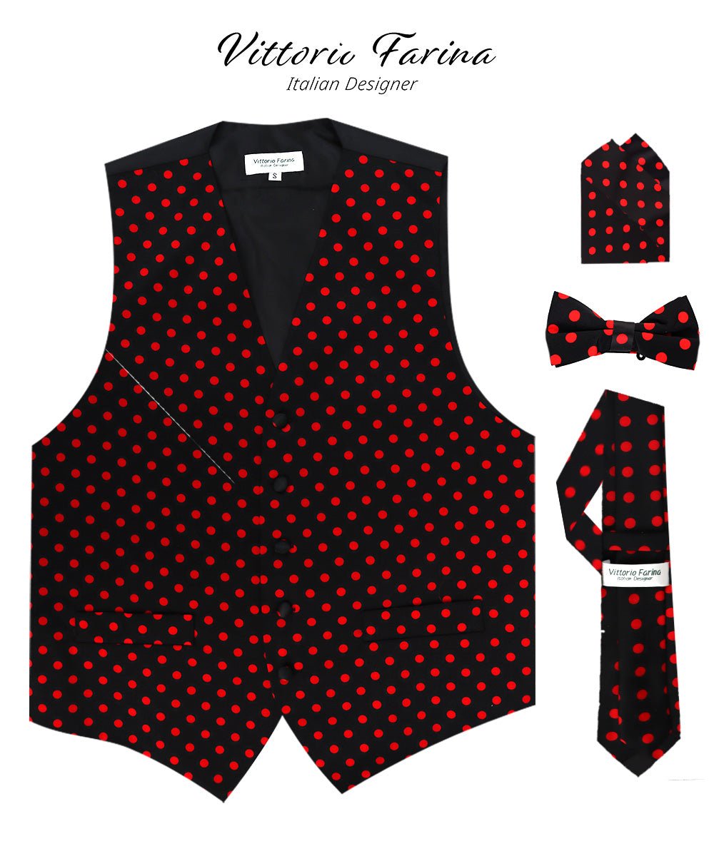Vittorio Farina Men's White and Black Dot Polka Dot Vest, Necktie, Bow Tie and Pocket Square Set - vest_polkadot_BB_blackred_S - Classy Cufflinks