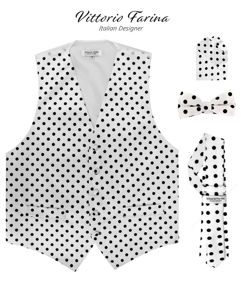 Vittorio Farina Men's White and Black Dot Polka Dot Vest, Necktie, Bow Tie and Pocket Square Set - vest_polkadot_WB_whiteblack_S_V03 - Classy Cufflinks