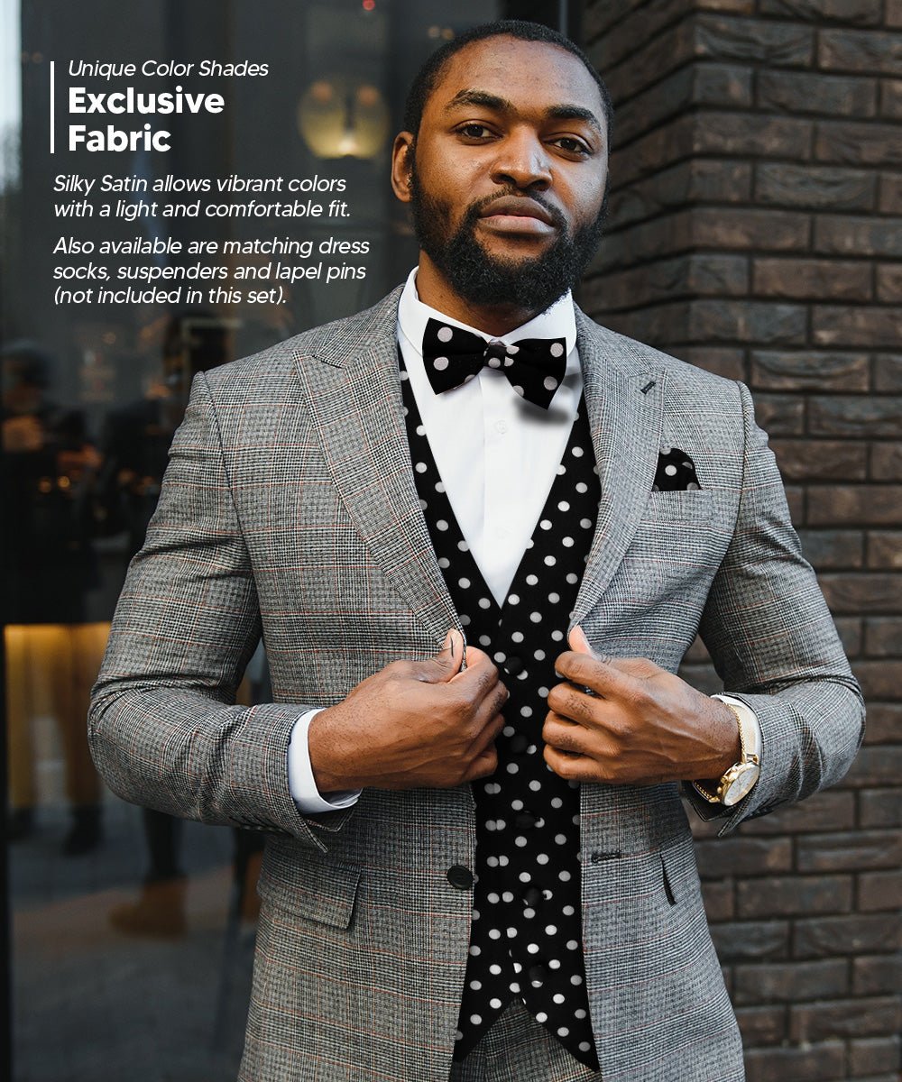Vittorio Farina Men's White and Black Dot Polka Dot Vest, Necktie, Bow Tie and Pocket Square Set - vest_polkadot_WB_whiteblack_S_V03 - Classy Cufflinks