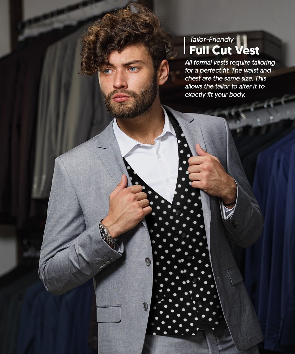 Vittorio Farina Men's White and Black Dot Polka Dot Vest, Necktie, Bow Tie and Pocket Square Set - vest_polkadot_WB_whiteblack_S_V03 - Classy Cufflinks