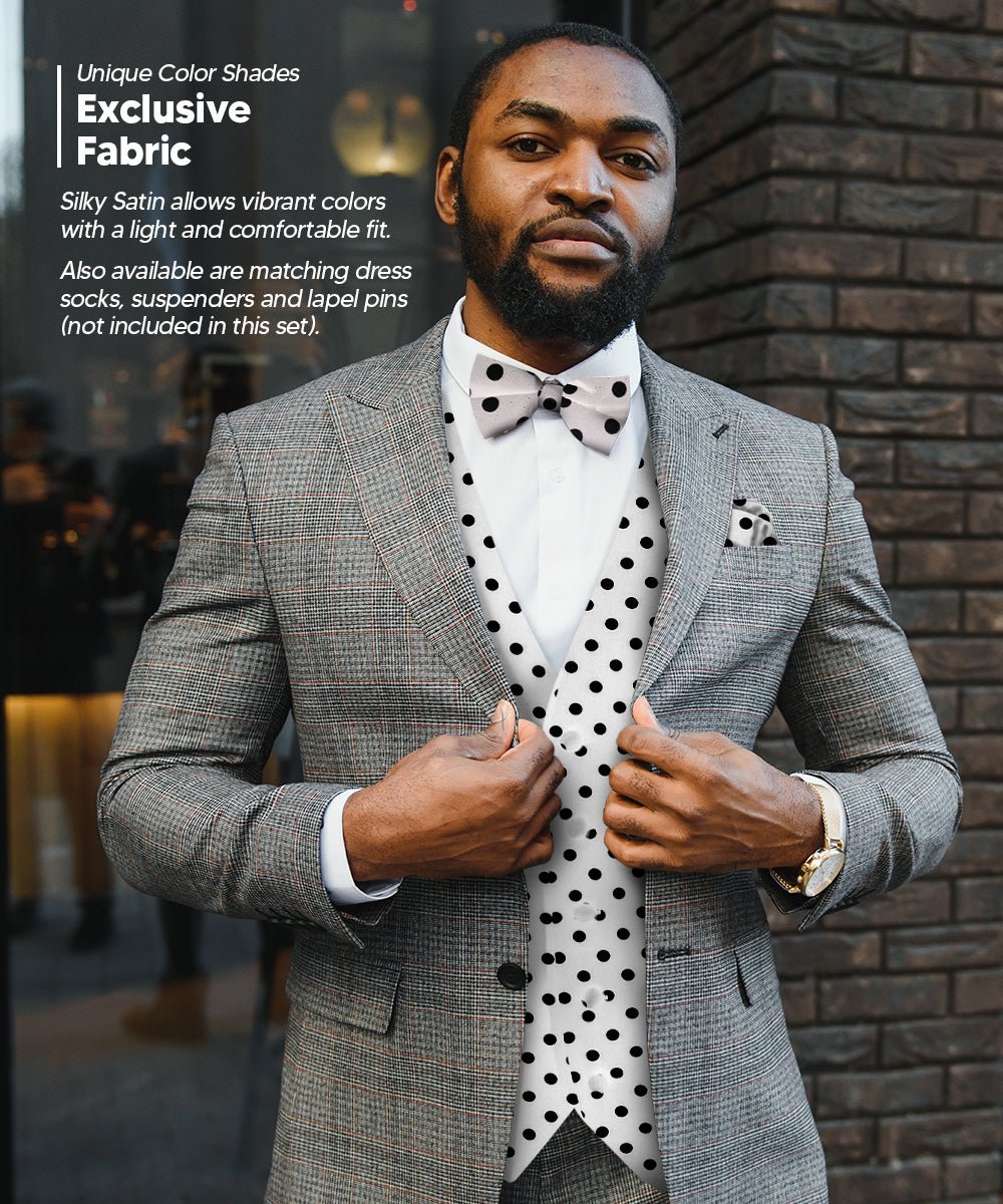 Vittorio Farina Men's White and Black Dot Polka Dot Vest, Necktie, Bow Tie and Pocket Square Set - vest_polkadot_WB_whiteblack_S_V03 - Classy Cufflinks