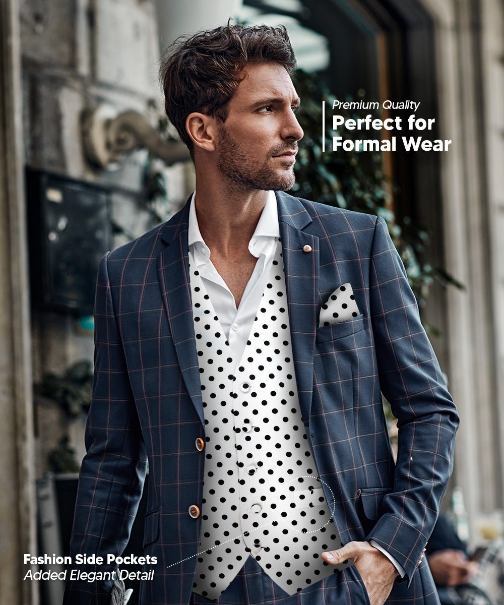 Vittorio Farina Men's White and Black Dot Polka Dot Vest, Necktie, Bow Tie and Pocket Square Set - vest_polkadot_WB_whiteblack_S_V03 - Classy Cufflinks