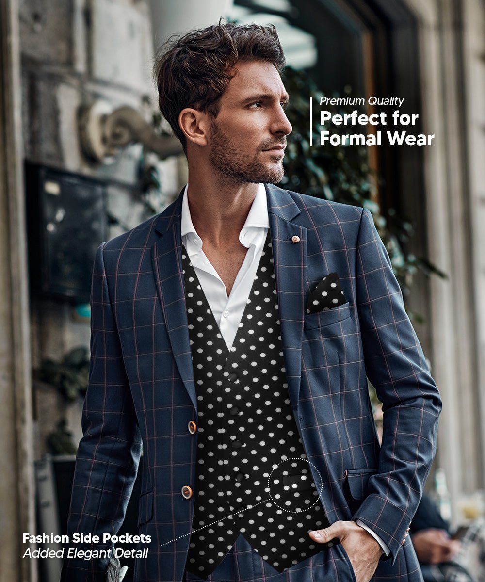 Vittorio Farina Men's White and Black Dot Polka Dot Vest, Necktie, Bow Tie and Pocket Square Set - vest_polkadot_WB_whiteblack_S_V03 - Classy Cufflinks