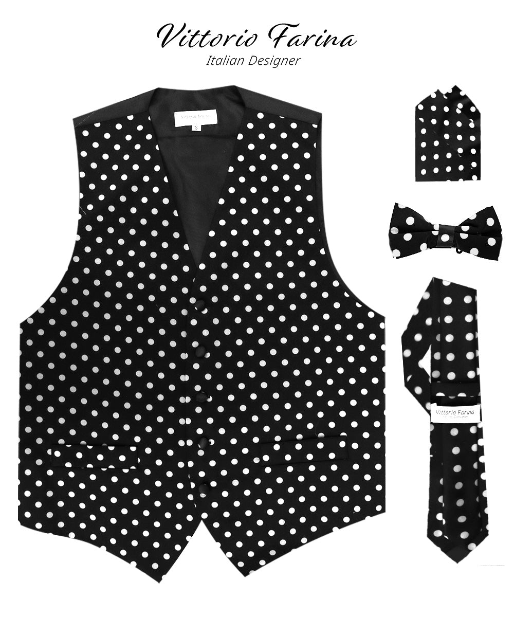 Vittorio Farina Men's White and Black Dot Polka Dot Vest, Necktie, Bow Tie and Pocket Square Set - vest_polkadot_WB_whiteblack_S_V03 - Classy Cufflinks