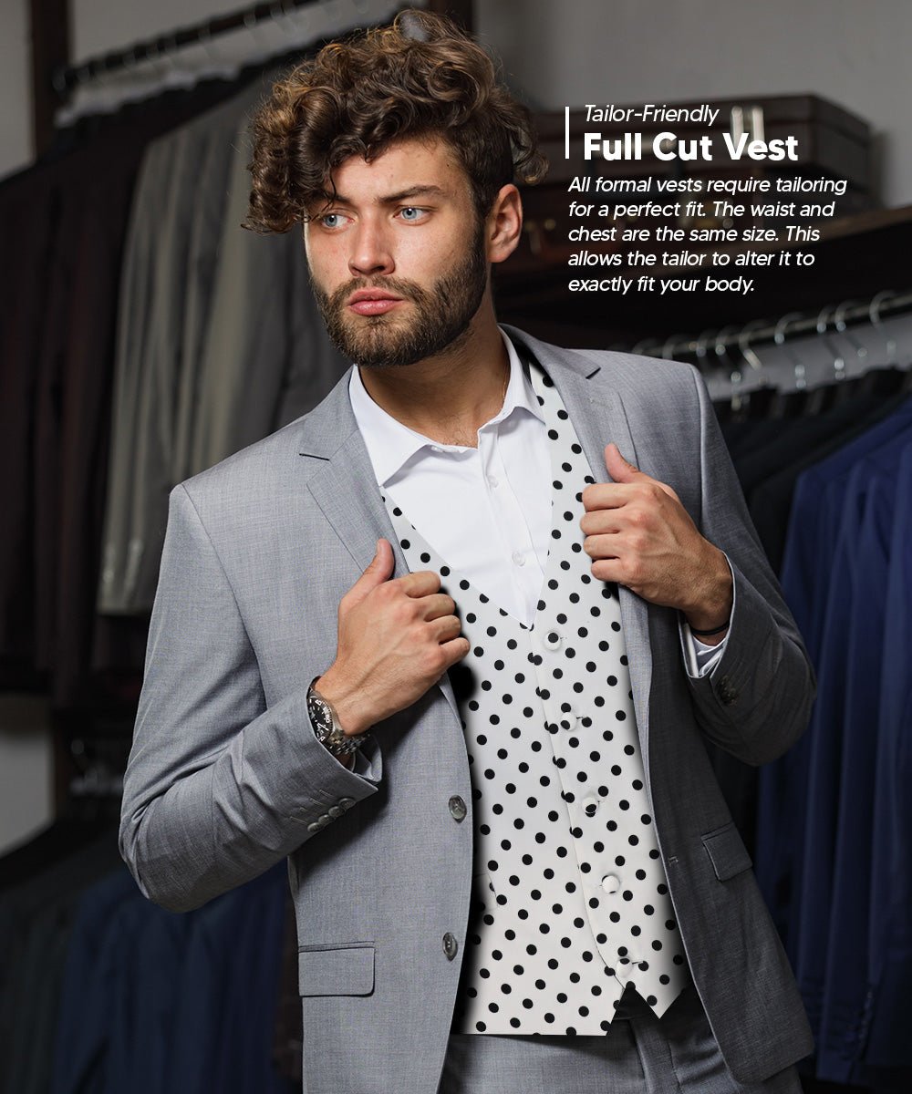 Vittorio Farina Men's White and Black Dot Polka Dot Vest, Necktie, Bow Tie and Pocket Square Set - vest_polkadot_WB_whiteblack_S_V03 - Classy Cufflinks