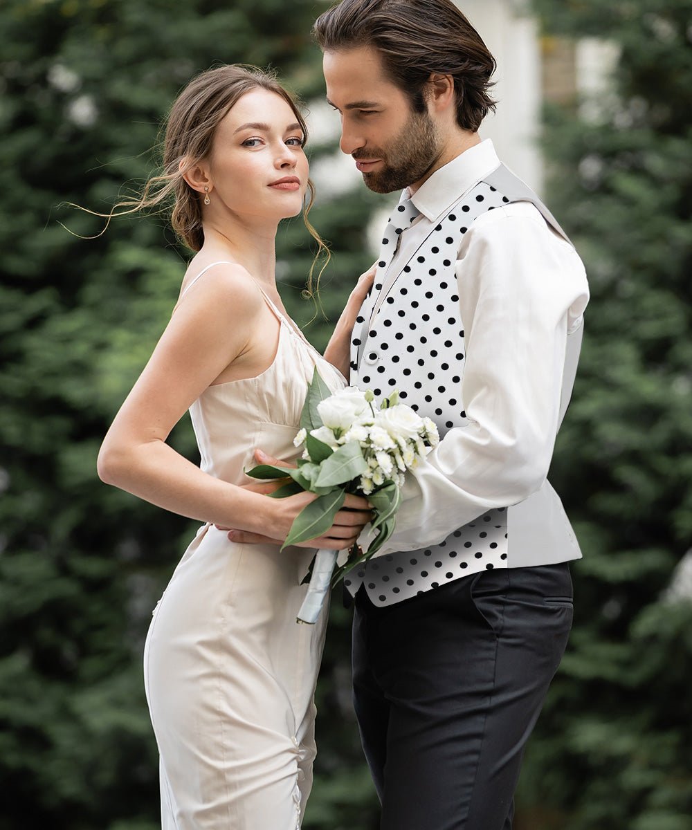 Vittorio Farina Men's White and Black Dot Polka Dot Vest, Necktie, Bow Tie and Pocket Square Set - vest_polkadot_WB_whiteblack_S_V03 - Classy Cufflinks