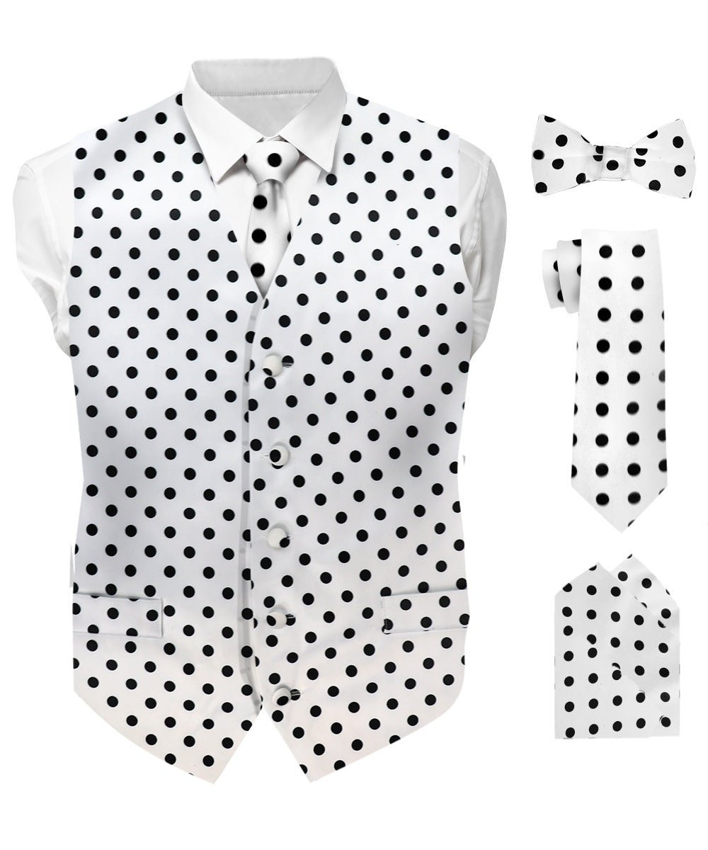 Vittorio Farina Men's White and Black Dot Polka Dot Vest, Necktie, Bow Tie and Pocket Square Set - vest_polkadot_WB_whiteblack_S_V03 - Classy Cufflinks