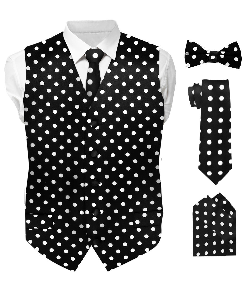Vittorio Farina Men's White and Black Dot Polka Dot Vest, Necktie, Bow Tie and Pocket Square Set - vest_polkadot_WB_whiteblack_S_V03 - Classy Cufflinks