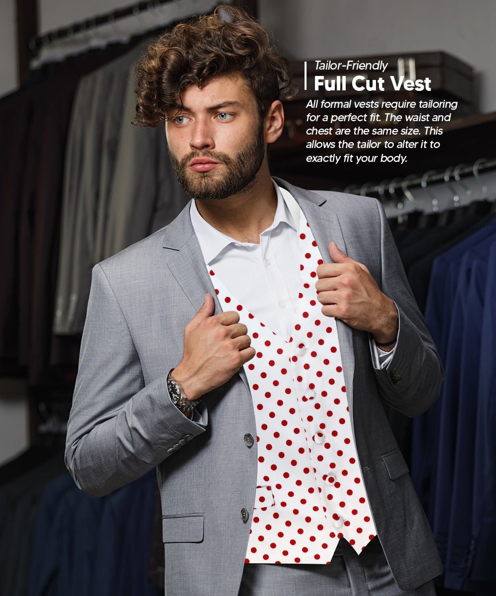 Vittorio Farina Men's White and Black Dot Polka Dot Vest, Necktie, Bow Tie and Pocket Square Set - vest_polkadot_WB_whitered_S - Classy Cufflinks