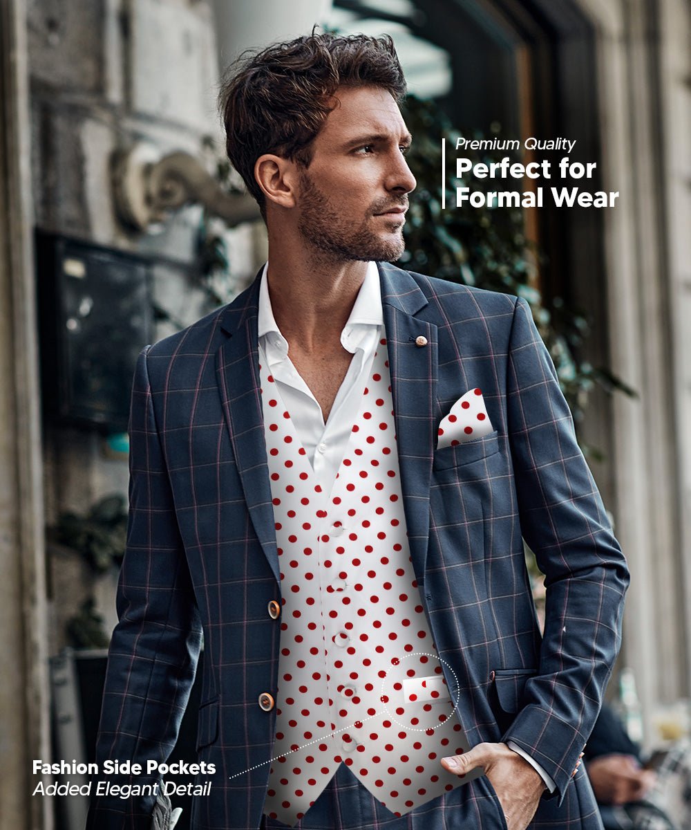 Vittorio Farina Men's White and Black Dot Polka Dot Vest, Necktie, Bow Tie and Pocket Square Set - vest_polkadot_WB_whitered_S - Classy Cufflinks