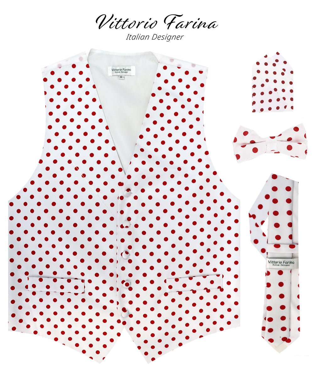 Vittorio Farina Men's White and Black Dot Polka Dot Vest, Necktie, Bow Tie and Pocket Square Set - vest_polkadot_WB_whitered_S - Classy Cufflinks