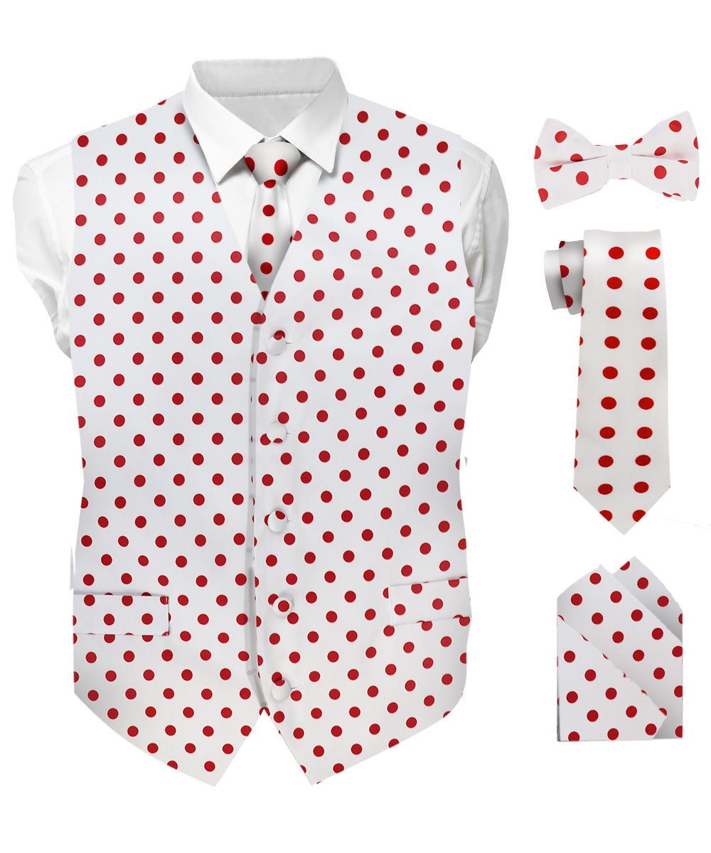 Vittorio Farina Men's White and Black Dot Polka Dot Vest, Necktie, Bow Tie and Pocket Square Set - vest_polkadot_WB_whitered_S - Classy Cufflinks
