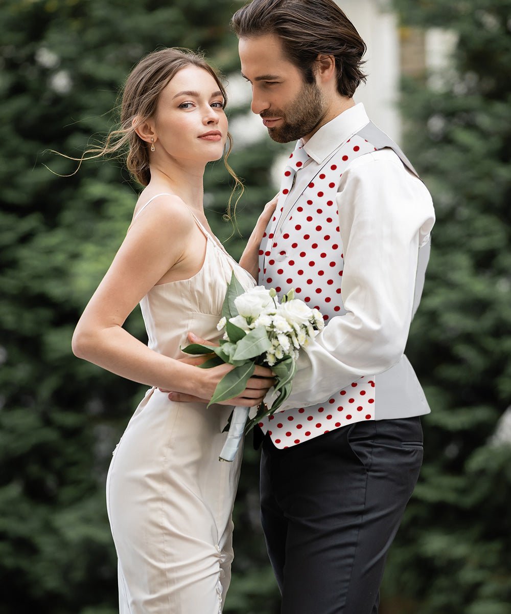 Vittorio Farina Men's White and Black Dot Polka Dot Vest, Necktie, Bow Tie and Pocket Square Set - vest_polkadot_WB_whitered_S - Classy Cufflinks