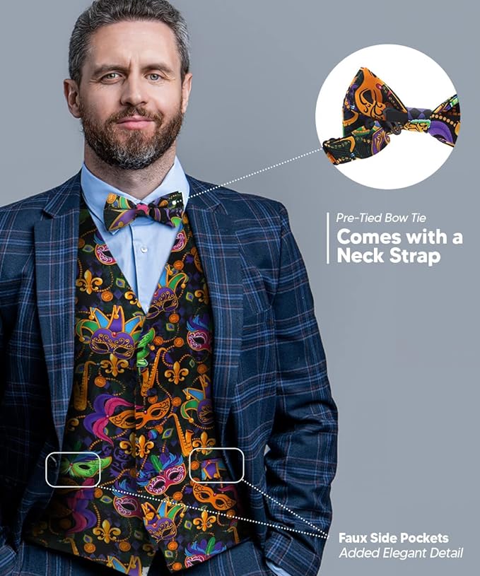 Vittorio Farina Mardi Gras Vest &amp; Bow Tie ONLY Ver 1. - vestB_mardi_BB_Mardi #1_S - Classy Cufflinks