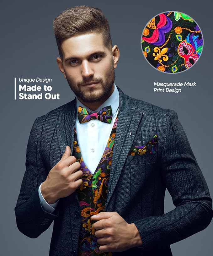 Vittorio Farina Mardi Gras Vest &amp; Bow Tie ONLY Ver 1. - vestB_mardi_BB_Mardi #1_S - Classy Cufflinks