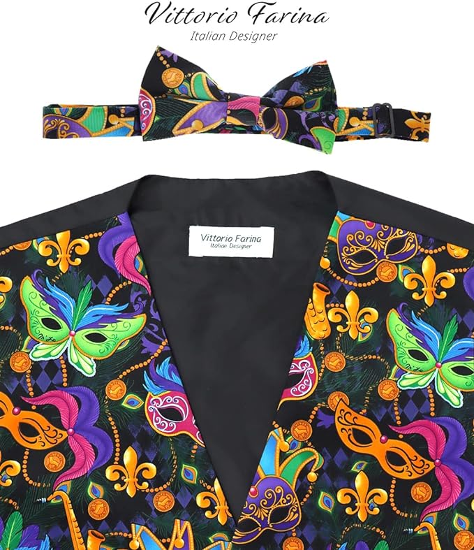 Vittorio Farina Mardi Gras Vest &amp; Bow Tie ONLY Ver 1. - vestB_mardi_BB_Mardi #1_S - Classy Cufflinks