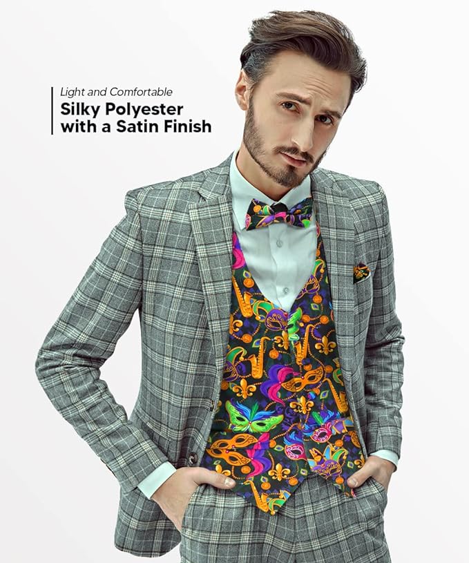 Vittorio Farina Mardi Gras Vest &amp; Bow Tie ONLY Ver 1. - vestB_mardi_BB_Mardi #1_S - Classy Cufflinks