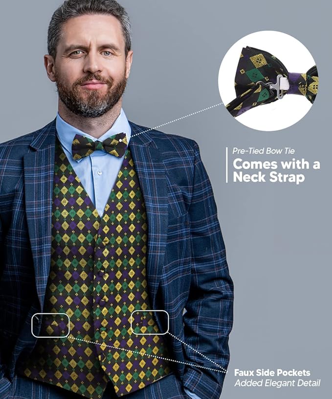 Vittorio Farina Mardi Gras Vest &amp; Bow Tie ONLY Ver 1. - vestB_mardi_BB_Mardi #2_S - Classy Cufflinks