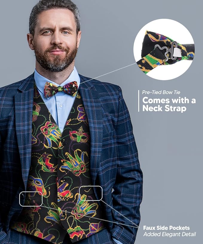 Vittorio Farina Mardi Gras Vest &amp; Bow Tie ONLY Ver 1. - vestB_mardi_BB_Mardi #5_S - Classy Cufflinks
