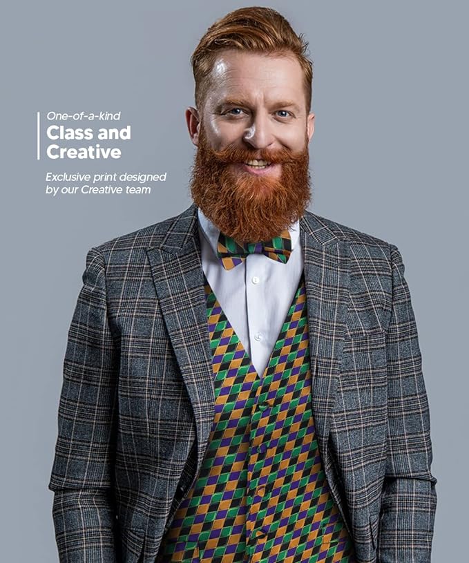 Vittorio Farina Mardi Gras Vest &amp; Bow Tie ONLY Ver 1. - vestB_mardi_BB_Mardi #6_S - Classy Cufflinks