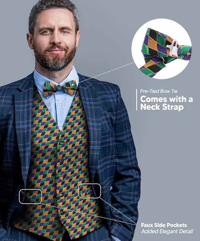 Vittorio Farina Mardi Gras Vest &amp; Bow Tie ONLY Ver 1. - vestB_mardi_BB_Mardi #6_S - Classy Cufflinks