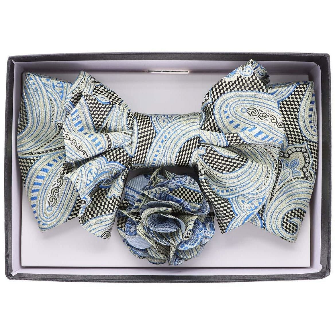 Vittorio Farina XL Bow Tie, Pocket Square &amp; Flower Lapel Pin - XL2110 - Classy Cufflinks