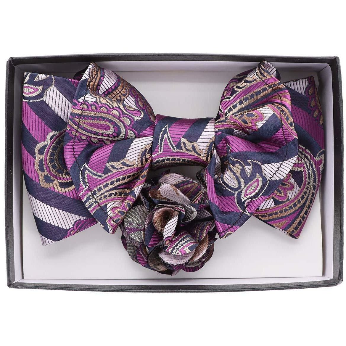 Vittorio Farina XL Bow Tie, Pocket Square &amp; Flower Lapel Pin - XL2113 - Classy Cufflinks