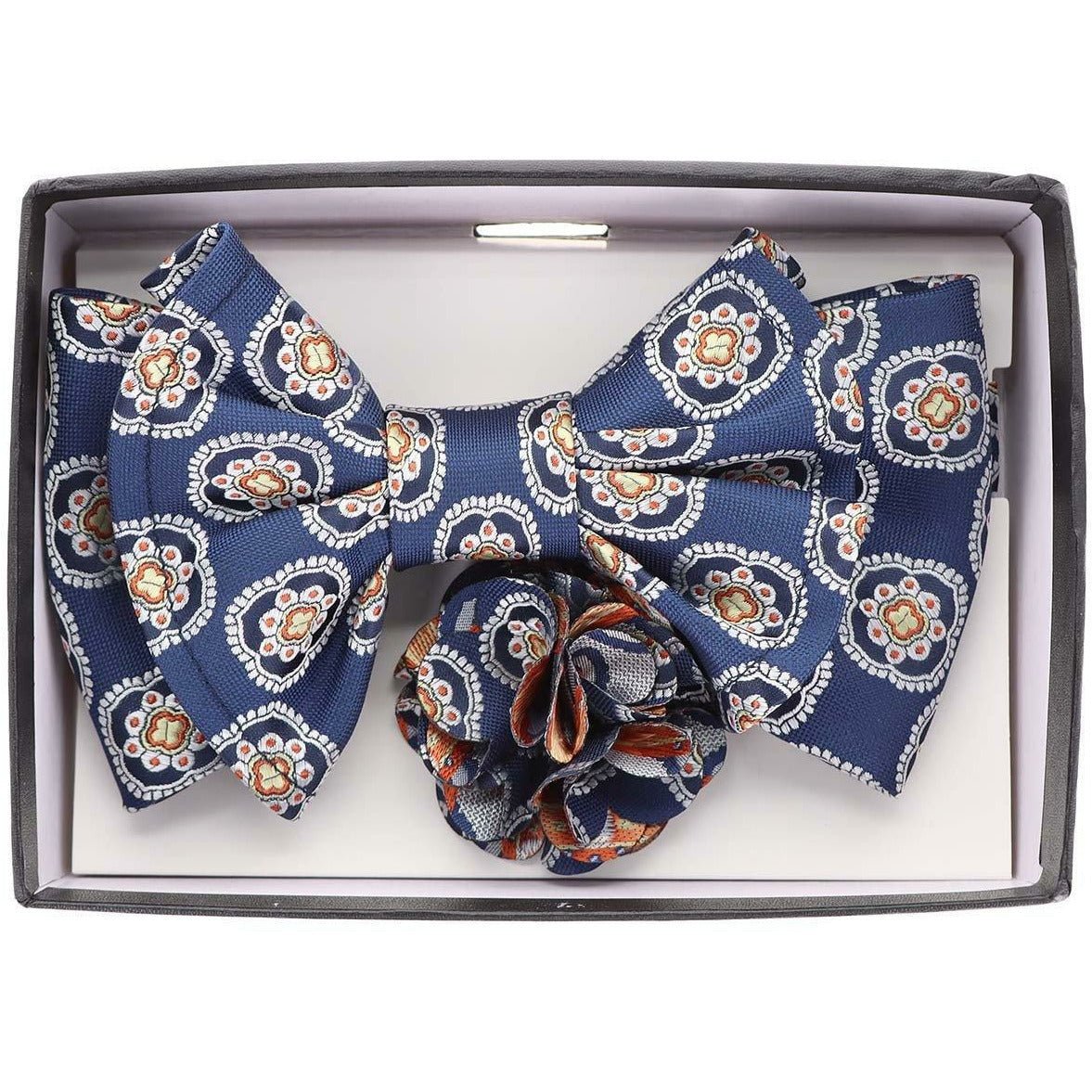 Vittorio Farina XL Bow Tie, Pocket Square &amp; Flower Lapel Pin - XL2119 - Classy Cufflinks