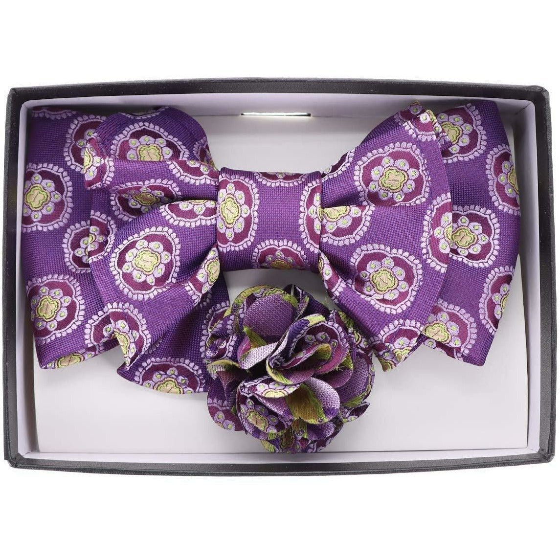 Vittorio Farina XL Bow Tie, Pocket Square &amp; Flower Lapel Pin - XL2121 - Classy Cufflinks