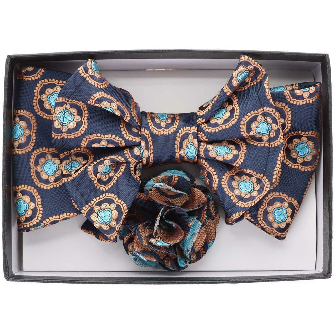 Vittorio Farina XL Bow Tie, Pocket Square &amp; Flower Lapel Pin - XL2121 - Classy Cufflinks