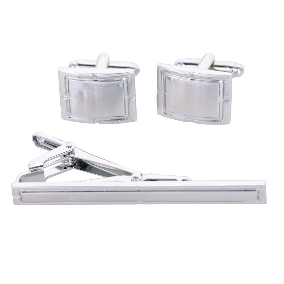 Vittorio Vico Plain Silver Cufflink &amp; Tie Bar Set in Gift Box