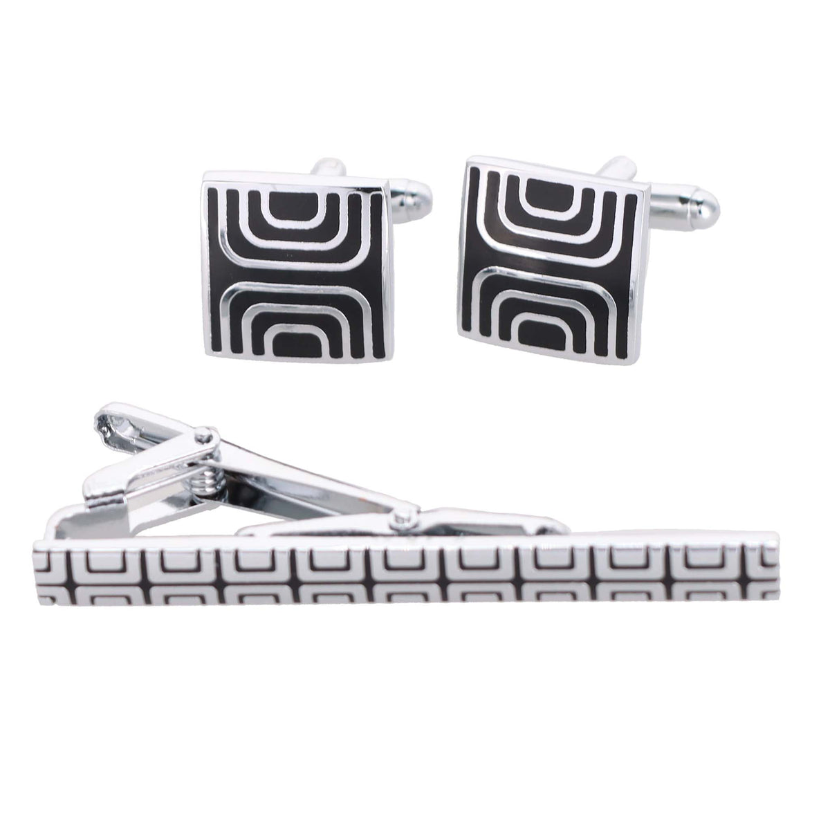 Vittorio Vico Plain Silver Cufflink &amp; Tie Bar Set in Gift Box
