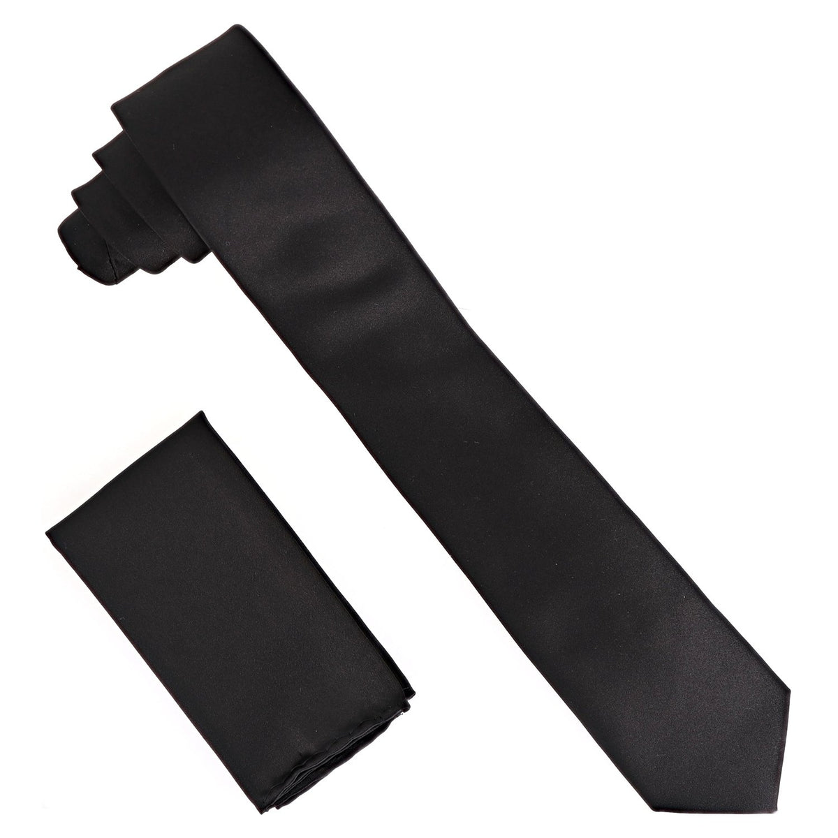 Vittorio Farina Solid Satin Skinny Necktie &amp; Pocket Square by Classy Cufflinks - NH_SKINNY_BLACK - Classy Cufflinks