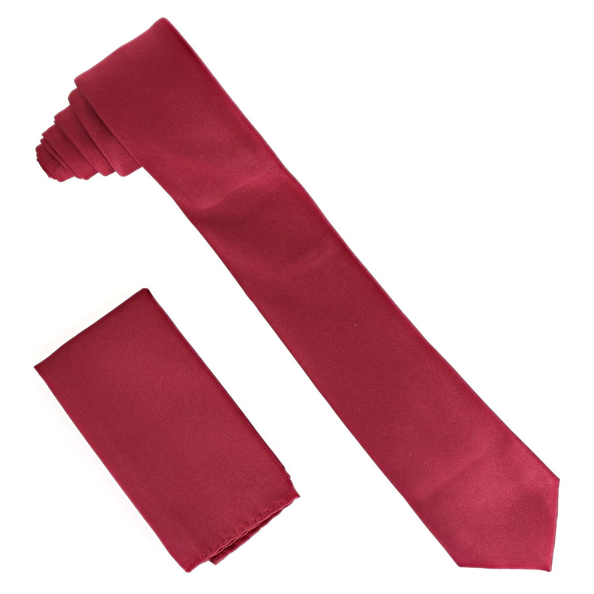 Vittorio Farina Solid Satin Skinny Necktie &amp; Pocket Square by Classy Cufflinks - NH_SKINNY_BURGUNDY - Classy Cufflinks