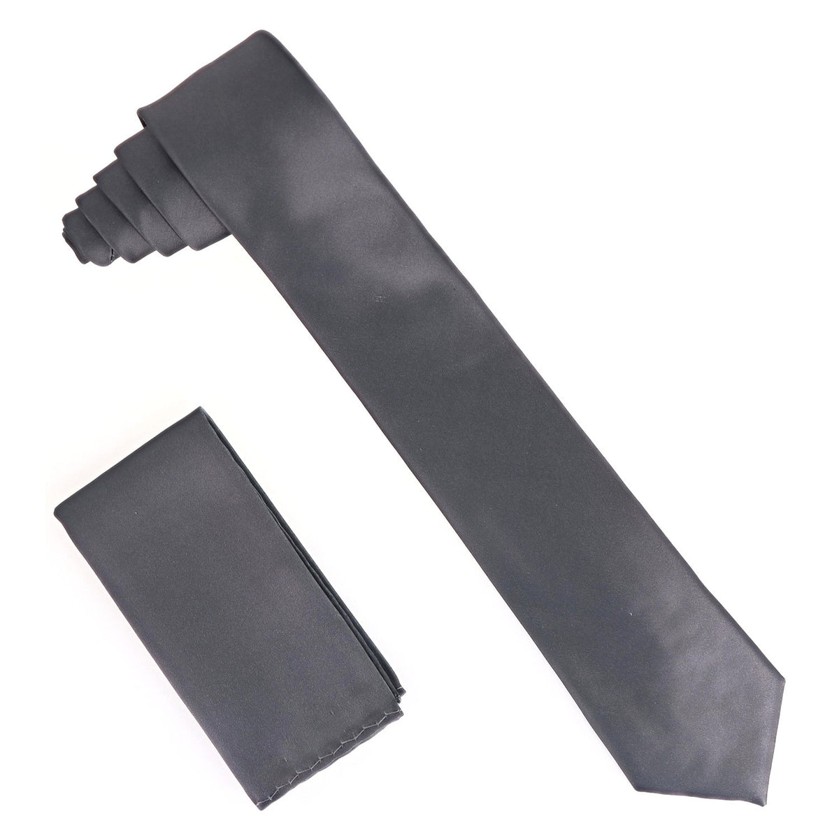 Vittorio Farina Solid Satin Skinny Necktie &amp; Pocket Square by Classy Cufflinks - NH_SKINNY_CHARCOAL - Classy Cufflinks